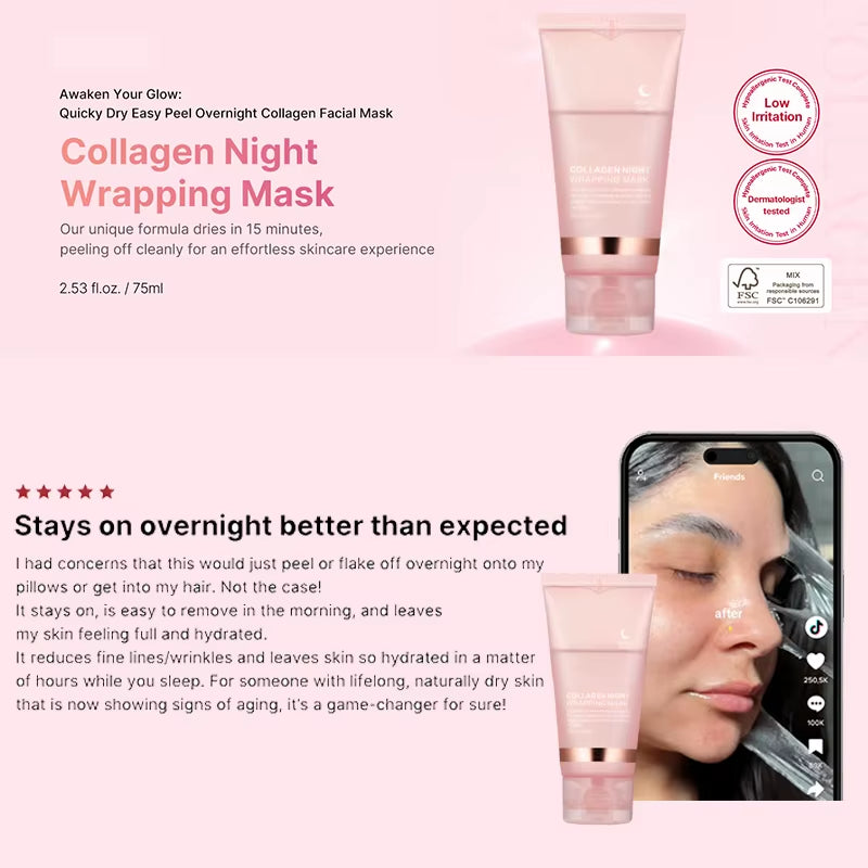 5PC Korean Collagen Wrapping Peel off Facial Mask Elasticity Hydration Reduces Sagging Dullness Hydrolyzed Collagen Skin Care